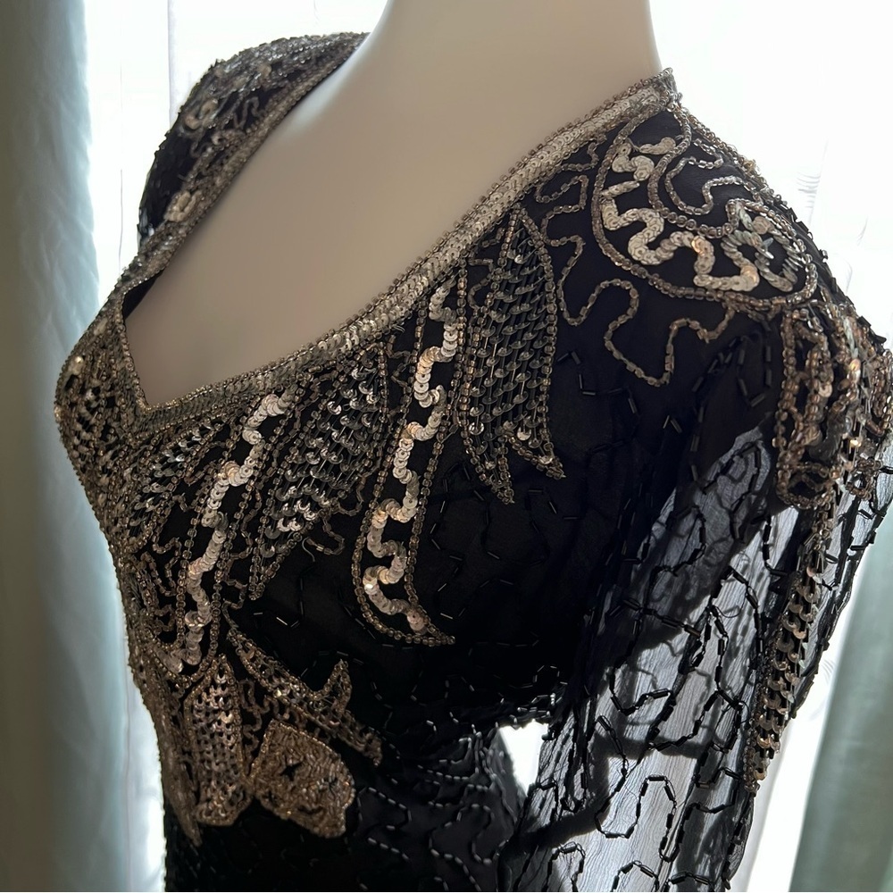 True 80’s Vintage AVENUE 7 CONTINENTAL FASHIONS INC Black Silk Heavy Beading S - Picture 13 of 16